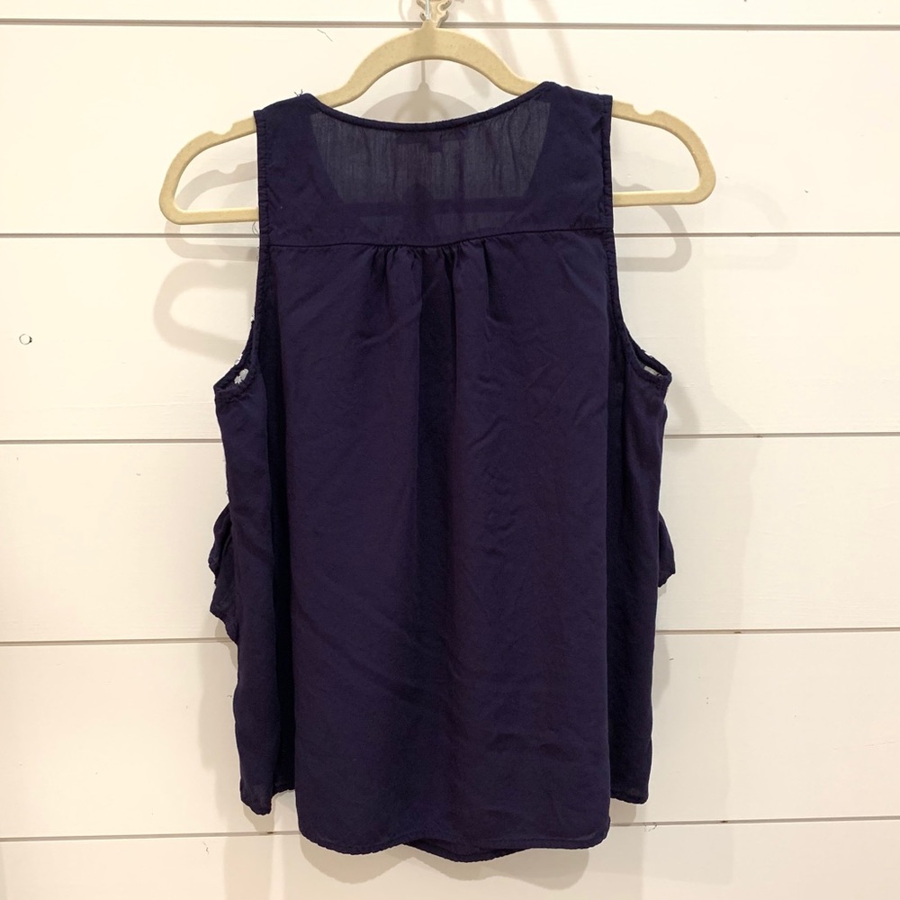 Embroidered Ruffle Navy Tank Blouse - Picture 3 of 3